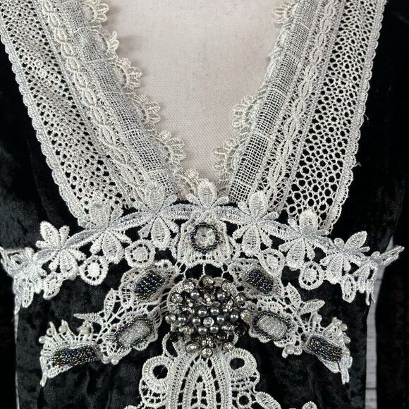 Passion Concept Blouse Tunic sz Small Black Velveteen Lace Beads Gothic Wedding - Picture 5 of 14